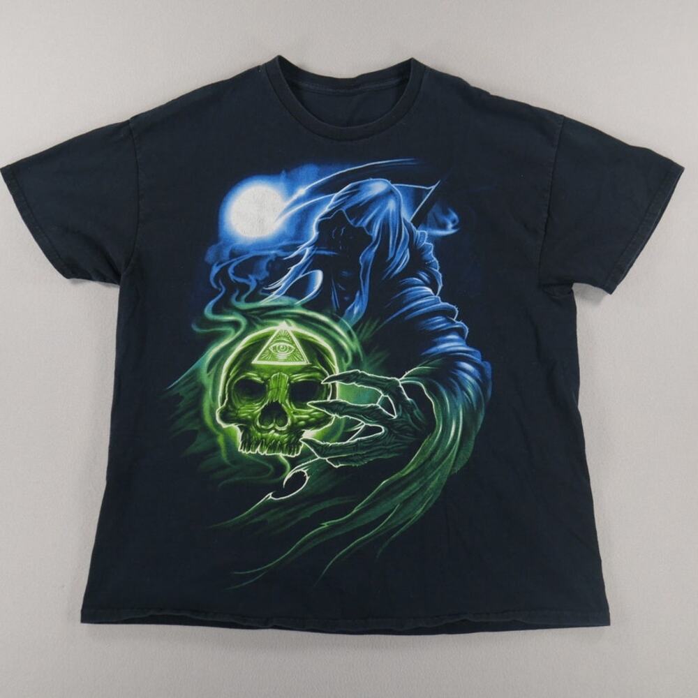Vintage Y2K Grim Reaper Illuminati Skull Graphic Tee Mens Size (XL) Grunge